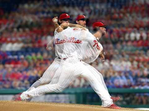 PHILADELPHIA, PA – SEPTEMBER 29: (EDITORS NOTE: Multiple exposures were combined in camera to produce this image.) Pitcher Aaron Nola #27 of the Philadelphia Phillies delivers a pitch against the Atlanta Braves during the sixth inning of a game at Citizens Bank Park on September 29, 2018 in Philadelphia, Pennsylvania. The Phillies defeated the Braves 3-0. (Photo by Rich Schultz/Getty Images)