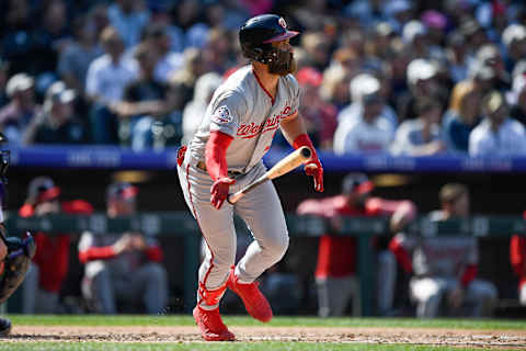 DENVER, CO – SEPTEMBER 30: Bryce Harper #34 of the Washington Nationals hits a fourth inning double against the Colorado Rockies at Coors Field on September 30, 2018 in Denver, Colorado. (Photo by Dustin Bradford/Getty Images)