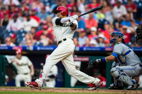 PHILADELPHIA, PA – MAY 26: Aaron Altherr #23 of the Philadelphia Phillies bats during the game against the Toronto Blue Jays at Citizens Bank Park on Saturday, May 26, 2018 in Philadelphia, Pennsylvania. (Photo by Rob Tringali/MLB Photos via Getty Images)