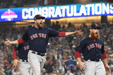 LOS ANGELES, CA – OCTOBER 28: Heath Hembree #37 and Craig Kimbrel #46 of the Boston Red Sox celebrate defeating the Los Angeles Dodgers 5-1 in Game Five of the 2018 World Series at Dodger Stadium on October 28, 2018 in Los Angeles, California. (Photo by Harry How/Getty Images)