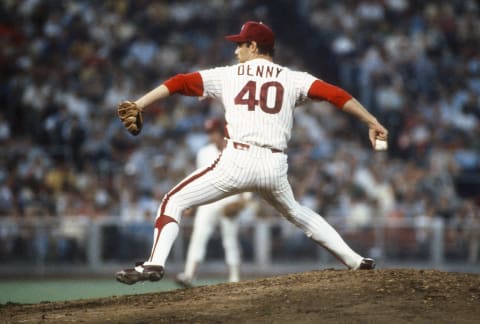 PHILADELPHIA, PA – CIRCA 1983: John Denny #40 of the Philadelphia Phillies pitches during a Major League Baseball game circa 1983 at Veterans Stadium in Philadelphia, Pennsylvania. Denny played for the Phillies from 1982-85. (Photo by Focus on Sport/Getty Images)