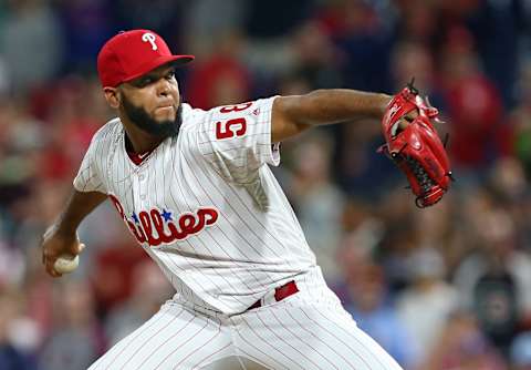 PHILADELPHIA, PA – SEPTEMBER 29: Seranthony Dominguez #58 of the Philadelphia Phillies in action against the Atlanta Braves during a game at Citizens Bank Park on September 29, 2018 in Philadelphia, Pennsylvania. (Photo by Rich Schultz/Getty Images)