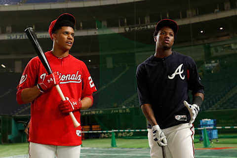 TOKYO, JAPAN – NOVEMBER 7: Juan Soto #22 of the Washington Nationals and Ronald Acuna Jr. #13 of the Atlanta Braves talk during batting practice during the workout day for the Japan All-Star Series at the Tokyo Dome on Wednesday, November 7, 2018 in Tokyo, Japan. (Photo by Yuki Taguchi/MLB Photos via Getty Images)