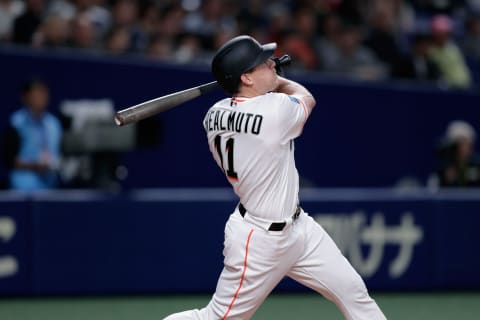 NAGOYA, JAPAN – NOVEMBER 15: Deesignated hitter J.T. Realmuto #11 of the Miami Marlins flies out in the bottom of 5th inning during the game six between Japan and MLB All Stars at Nagoya Dome on November 15, 2018 in Nagoya, Aichi, Japan. (Photo by Kiyoshi Ota/Getty Images)