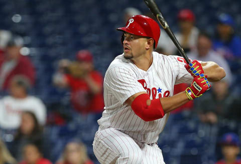 PHILADELPHIA, PA – SEPTEMBER 28: Dylan Cozens #25 of the Philadelphia Phillies in action against the Atlanta Braves during a game at Citizens Bank Park on September 28, 2018 in Philadelphia, Pennsylvania. (Photo by Rich Schultz/Getty Images)