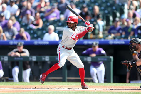 DENVER, CO – SEPTEMBER 27: Roman Quinn #24 of the Philadelphia Phillies bats during the game against the Colorado Rockies at Coors Field on September 27, 2018 in Denver, Colorado. The Rockies defeated the Phillies 6-4. (Photo by Rob Leiter/MLB Photos via Getty Images)