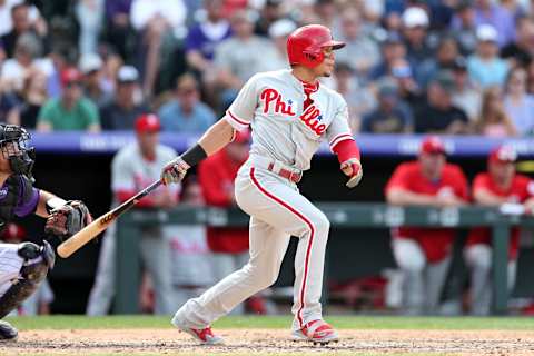 DENVER, CO – SEPTEMBER 27: César Hernández #16 of the Philadelphia Phillies bats during the game against the Colorado Rockies at Coors Field on September 27, 2018 in Denver, Colorado. The Rockies defeated the Phillies 6-4. (Photo by Rob Leiter/MLB Photos via Getty Images)