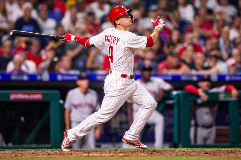 PHILADELPHIA, PA – AUGUST 15: Scott Kingery #4 of the Philadelphia Phillies looks on during the game against the Boston Red Sox at Citizens Bank Park on Wednesday, August 15, 2018 in Philadelphia, Pennsylvania. (Photo by Rob Tringali/MLB Photos via Getty images)