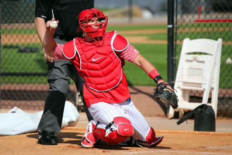 CLEARWATER, FL – FEBRUARY 16: Newly acquired catcher J. T. Realmuto (10) catches a bullpen session during the Philadelphia Phillies spring training workout on February 16, 2019 at the Carpenter Complex in Clearwater, Florida. (Photo by Cliff Welch/Icon Sportswire via Getty Images)