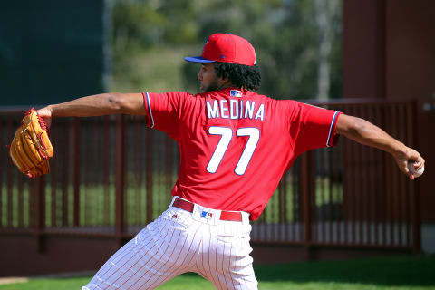 CLEARWATER, FL – FEBRUARY 16: Adonis Medina (77) throws a bullpen session during the Philadelphia Phillies spring training workout on February 16, 2019 at the Carpenter Complex in Clearwater, Florida. (Photo by Cliff Welch/Icon Sportswire via Getty Images)