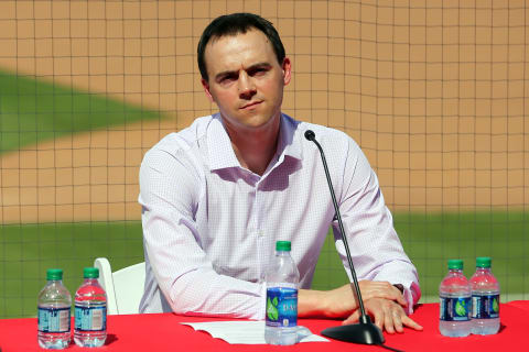 CLEARWATER, FL – MARCH 02: Phillies Vice President & General Manager Matt Klentak listens to the question from a media member during the press conference to introduce Bryce Harper to the media and the fans of the Philadelphia Phillies on March 02, 2019 at the Spectrum Field in Clearwater, Florida. (Photo by Cliff Welch/Icon Sportswire via Getty Images)