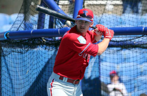 Dunedin, FL – MAR 03: Rob Brantly (44) of the Phillies warms up before the spring training game between the Philadelphia Phillies and the Toronto Blue Jays on March 06, 2019, at the Dunedin Stadium in Dunedin, FL. (Photo by Cliff Welch/Icon Sportswire via Getty Images)