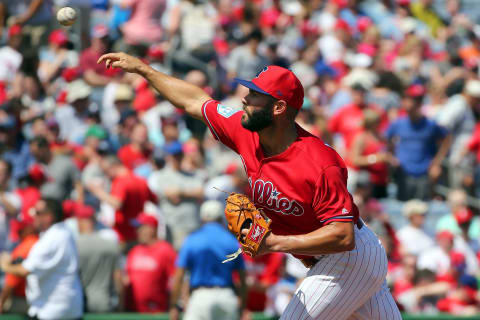 CLEARWATER, FL – MARCH 09: Jake Arrieta (49) of the Phillies delivers a pitch to the plate during the spring training game between the Toronto Blue Jays and the Philadelphia Phillies on March 09, 2019 at the Spectrum Field in Clearwater, Florida. (Photo by Cliff Welch/Icon Sportswire via Getty Images)