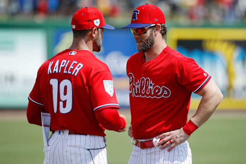 CLEARWATER, FL – MARCH 11: Bryce Harper #3 of the Philadelphia Phillies talks to manager Gabe Kapler prior to a Grapefruit League spring training game against the Tampa Bay Rays at Spectrum Field on March 11, 2019 in Clearwater, Florida. (Photo by Joe Robbins/Getty Images)