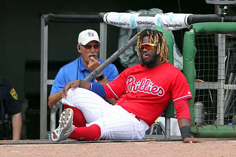 CLEARWATER, FL – MARCH 16: Odubel Herrera (37) of the Phillies relaxes on the steps down into the dugout during the spring training game between the Houston Astros and the Philadelphia Phillies on March 16, 2019 at the Spectrum Field in Clearwater, Florida. (Photo by Cliff Welch/Icon Sportswire via Getty Images)