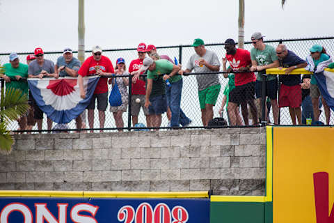 CLEARWATER, FL – MARCH 17: Fans try to catch a home run by New York Yankees infielder Gleyber Torres (25) during an MLB spring training game against the Philadelphia Phillies on March 17, 2019, at Spectrum Field in Clearwater, FL. (Photo by Mary Holt/Icon Sportswire via Getty Images)