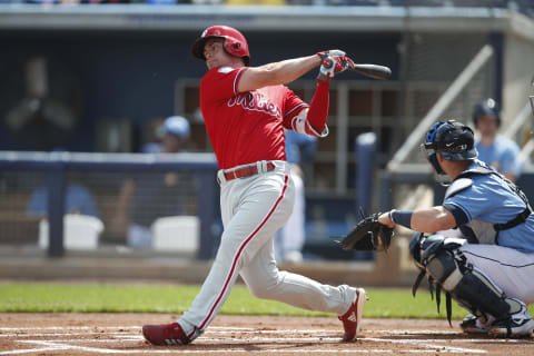 PORT CHARLOTTE, FL – FEBRUARY 22: Scott Kingery #4 of the Philadelphia Phillies makes some contact at the plate during the Spring Training game against the Tampa Bay Rays at Charlotte Sports Park on February 22, 2019 in Port Charlotte, Florida. (Photo by Mike McGinnis/Getty Images)