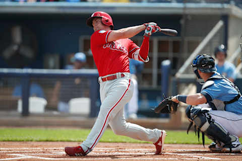 PORT CHARLOTTE, FL – FEBRUARY 22: Scott Kingery #4 of the Philadelphia Phillies makes some contact at the plate during the Spring Training game against the Tampa Bay Rays at Charlotte Sports Park on February 22, 2019 in Port Charlotte, Florida. (Photo by Mike McGinnis/Getty Images)