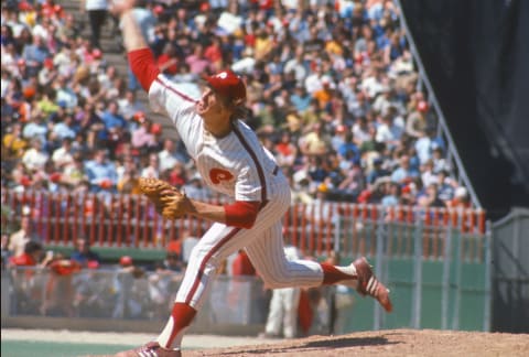 PHILADELPHIA, PA – CIRCA 1977: Jim Lonborg #41 of the Philadelphia Phillies pitches during an Major League baseball game circa 1977 at Veterans Stadium in Philadelphia, Pennsylvania. Lonborg played for the Phillies from 1973-79. (Photo by Focus on Sport/Getty Images)