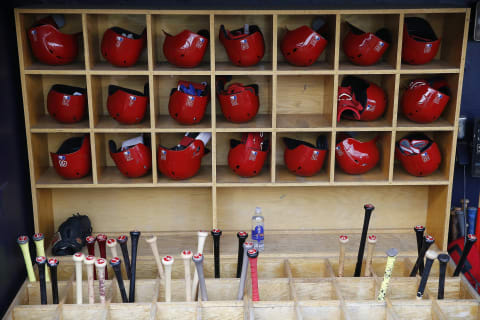 TAMPA, FLORIDA – FEBRUARY 26: A general view of the helmets and bats of the against the Philadelphia Phillies prior to the Grapefruit League spring training game against the New York Yankees at Steinbrenner Field on February 26, 2019 in Tampa, Florida. (Photo by Michael Reaves/Getty Images)