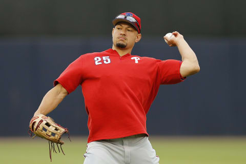 TAMPA, FLORIDA – FEBRUARY 26: Dylan Cozens #25 of the Philadelphia Phillies warms up prior to the Grapefruit League spring training game against the New York Yankees at Steinbrenner Field on February 26, 2019 in Tampa, Florida. (Photo by Michael Reaves/Getty Images)