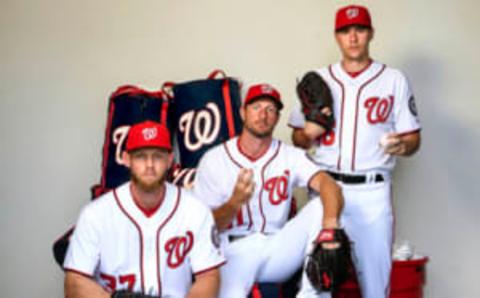 WEST PALM BEACH, FL – FEBRUARY 22:From left, Washington Nationals starting pitchers Stephen Strasburg (37), Max Scherzer (31), and Patrick Corbin (46) pose for a portrait during the team’s Photo Day at the Nationals Spring Training complex at FITTEAM Ballpark of the Palm Beaches on Wednesday, February 22, 2019. (Photo by Toni L. Sandys/The Washington Post via Getty Images)