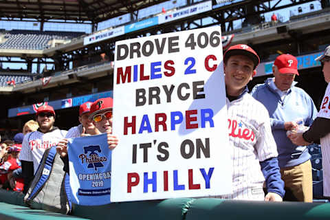 PHILADELPHIA, PA – MARCH 28: Fans pose for a photo prior to a game between the Atlanta Braves and the Philadelphia Phillies at Citizens Bank Park on Thursday, March 28, 2019 in Philadelphia, Pennsylvania. (Photo by Rob Tringali/MLB Photos via Getty Images)