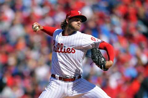 PHILADELPHIA, PA – MARCH 28: Starting pitcher Aaron Nola #27 of the Philadelphia Phillies delivers a pitching the first inning against the Atlanta Braves on Opening Day at Citizens Bank Park on March 28, 2019 in Philadelphia, Pennsylvania. (Photo by Drew Hallowell/Getty Images)