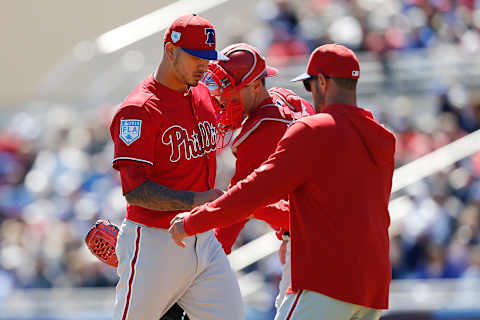 DUNEDIN, FLORIDA – MARCH 06: Gabe Kapler #22 of the Philadelphia Phillies takes Vince Velasquez #28 out of the game against the Toronto Blue Jays in the second inning during the Grapefruit League spring training game at Dunedin Stadium on March 06, 2019 in Dunedin, Florida. (Photo by Michael Reaves/Getty Images)