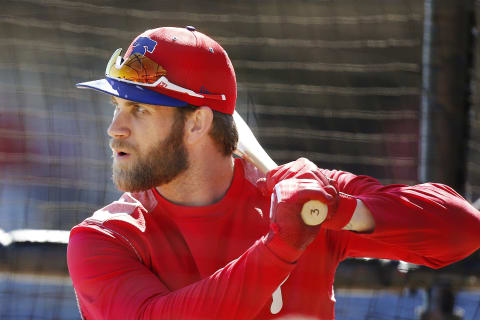 CLEARWATER, FLORIDA – MARCH 07: Bryce Harper #3 of the Philadelphia Phillies warms up during batting practice prior to the Grapefruit League spring training game against the New York Yankees at Spectrum Field on March 07, 2019 in Clearwater, Florida. (Photo by Michael Reaves/Getty Images)