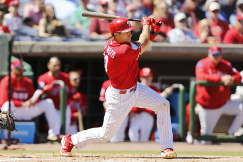 CLEARWATER, FLORIDA – MARCH 07: J.T. Realmuto #11 of the Philadelphia Phillies singles in the first inning against the New York Yankees during the Grapefruit League spring training game at Spectrum Field on March 07, 2019 in Clearwater, Florida. (Photo by Michael Reaves/Getty Images)