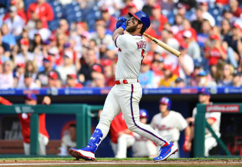 PHILADELPHIA, PA – MARCH 30: Philadelphia Phillies Outfield Bryce Harper (3) watches a fly ball in the first inning during the game between the Atlanta Braves and Philadelphia Phillies on March 30, 2019 at Citizens Bank Park in Philadelphia, PA. (Photo by Kyle Ross/Icon Sportswire via Getty Images)