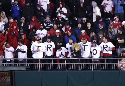 WASHINGTON, DC – APRIL 2: Washington Nationals fans express their feelings to Philadelphia Phillies right fielder Bryce Harper during the game between the Philadelphia Phillies and the Washington Nationals on April 2, 2019, at Nationals Park, in Washington D.C. (Photo by Mark Goldman/Icon Sportswire via Getty Images)