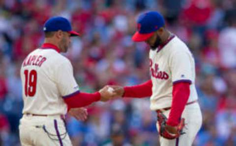 PHILADELPHIA, PA – APRIL 06: Manager Gabe Kapler #19 of the Philadelphia Phillies takes the ball from Seranthony Dominguez #58 in the top of the ninth inning against the Minnesota Twins at Citizens Bank Park on April 6, 2019 in Philadelphia, Pennsylvania. The Twins defeated the Phillies 6-2. (Photo by Mitchell Leff/Getty Images)