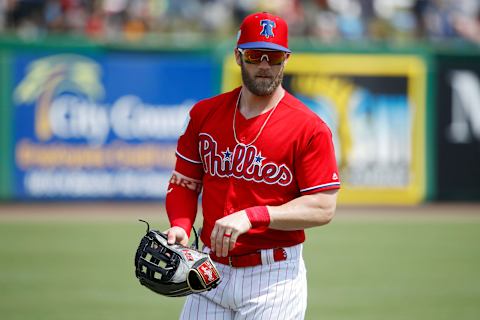 CLEARWATER, FL – MARCH 11: Bryce Harper #3 of the Philadelphia Phillies looks on prior to a Grapefruit League spring training game against the Tampa Bay Rays at Spectrum Field on March 11, 2019 in Clearwater, Florida. The Rays won 8-2. (Photo by Joe Robbins/Getty Images)