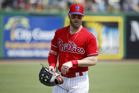 CLEARWATER, FL – MARCH 11: Bryce Harper #3 of the Philadelphia Phillies looks on prior to a Grapefruit League spring training game against the Tampa Bay Rays at Spectrum Field on March 11, 2019 in Clearwater, Florida. The Rays won 8-2. (Photo by Joe Robbins/Getty Images)