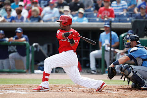 CLEARWATER, FL – MARCH 11: Jean Segura #2 of the Philadelphia Phillies bats during a Grapefruit League spring training game against the Tampa Bay Rays at Spectrum Field on March 11, 2019 in Clearwater, Florida. The Rays won 8-2. (Photo by Joe Robbins/Getty Images)