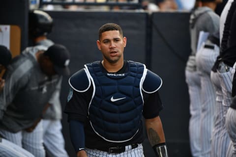 TAMPA, FL – MARCH 13: Gary Sanchez #24 of the New York Yankees in the dugout during the spring training game against the Philadelphia Phillies at Steinbrenner Field on March 13, 2019 in Tampa, Florida. (Photo by Mark Brown/Getty Images)