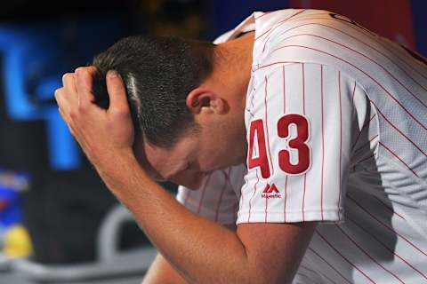 PHILADELPHIA, PA – APRIL 10: Pitcher Nick Pivetta #43 of the Philadelphia Phillies reacts in the dugout after getting pulled from the game in the fourth inning against the Washington Nationals at Citizens Bank Park on April 10, 2019 in Philadelphia, Pennsylvania. (Photo by Drew Hallowell/Getty Images)