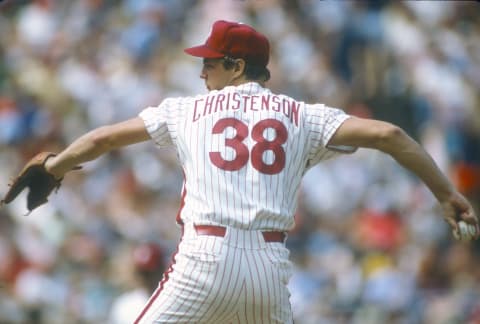 PHILADELPHIA, PA – CIRCA 1977: Larry Christenson #38 of the Philadelphia Phillies pitches during an Major League Baseball game circa 1977 at Veterans Stadium in Philadelphia, Pennsylvania. Christenson played for the Phillies from 1973-83. (Photo by Focus on Sport/Getty Images)