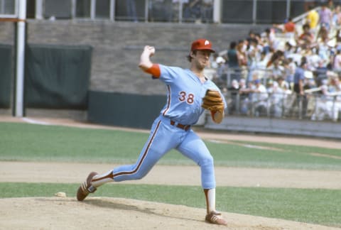 NEW YORK – CIRCA 1975: Larry Christenson #38 of the Philadelphia Phillies pitches against the New York Mets during an Major League Baseball game circa 1975 at Shea Stadium in the Queens borough of New York City. Christenson played for the Phillies from 1973-83. (Photo by Focus on Sport/Getty Images)