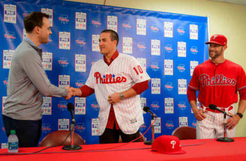 Philadelphia Phillies general manager Matt Klentak shakes hands with J.T. Realmuto (Photo by Miles Kennedy/Philadelphia Phillies/Getty Images)