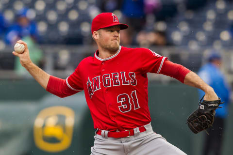 KANSAS CITY, MO – April 28: Los Angeles Angels starting pitcher Ty Buttrey (31) pitches the ball during the game between the Los Angeles Angels and the Kansas City Royals on Sunday, April 28, 2019, at Kauffman Stadium in Kansas City, MO. (Photo by Nick Tre. Smith/Icon Sportswire via Getty Images)