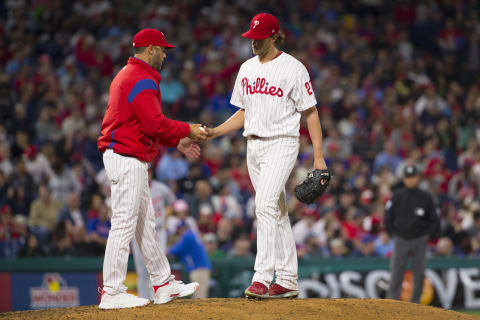 PHILADELPHIA, PA – APRIL 09: Manager Gabe Kapler #19 of the Philadelphia Phillies takes the ball from Aaron Nola #27 against the Washington Nationals at Citizens Bank Park on April 9, 2019 in Philadelphia, Pennsylvania. (Photo by Mitchell Leff/Getty Images)