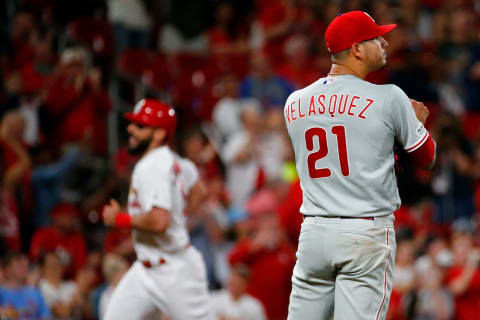 ST. LOUIS, MO – MAY 6: Vince Velasquez #21 of the the Philadelphia Phillies reacts after giving up a home run against the St. Louis Cardinals in the fifth inning at Busch Stadium on May 6, 2019 in St. Louis, Missouri. (Photo by Dilip Vishwanat/Getty Images)