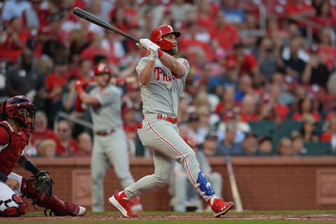 ST. LOUIS, MO – MAY 7: Bryce Harper #3 of the Philadelphia Phillies hits a grand slam in the second inning against the St. Louis Cardinals at Busch Stadium on May 7, 2019 in St. Louis, Missouri. (Photo by Michael B. Thomas /Getty Images)