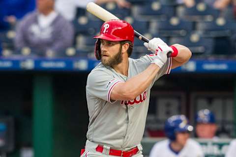 KANSAS CITY, MO – MAY 10: Philadelphia Phillies right fielder Bryce Harper (3) gets set at the plate during the game between the Philadelphia Phillies and the Kansas City Royals on Friday, May 10, 2019, at Kauffman Stadium in Kansas City, MO. (Photo by Nick Tre. Smith/Icon Sportswire via Getty Images)