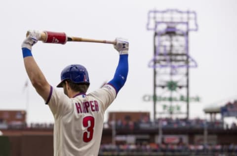 Bryce Harper #3 of the Philadelphia Phillies warms up (Photo by Mitchell Leff/Getty Images)