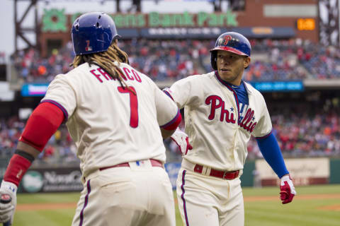 PHILADELPHIA, PA – APRIL 17: Maikel Franco #7 of the Philadelphia Phillies congratulates Cesar Hernandez #16 after his solo home run in the bottom of the sixth inning against the New York Mets at Citizens Bank Park on April 17, 2019 in Philadelphia, Pennsylvania. The Phillies defeated the Mets 3-2. (Photo by Mitchell Leff/Getty Images)