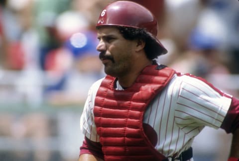 PHILADELPHIA, PA – CIRCA 1983: Bo Diaz #6 of the Philadelphia Phillies looks on during an Major League Baseball game circa 1983 at Veterans Stadium in Philadelphia, Pennsylvania. Diaz played for Phillies from 1982-85. (Photo by Focus on Sport/Getty Images)